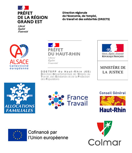 Partenaires institutionnels de la Manne : Union Européenne, Ministère de la Justice, Allocations Familiales, Conseil Départemental du Haut-Rhin, ville de Colmar, Préfet du Haut-Rhin, Préfet du Grand Est, Région Alsace